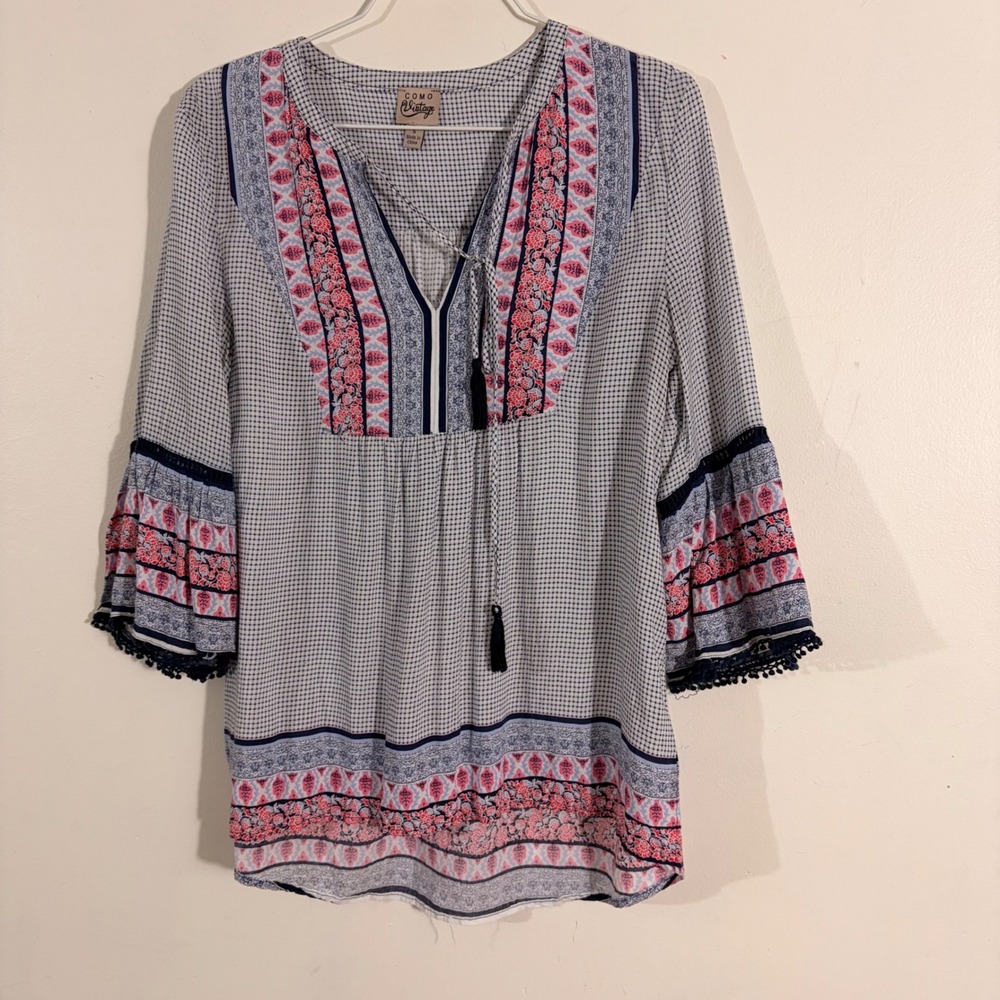 Como Vintage Boho Peasant Blouse Womens Small Blue Pink Floral Tassel BOHO